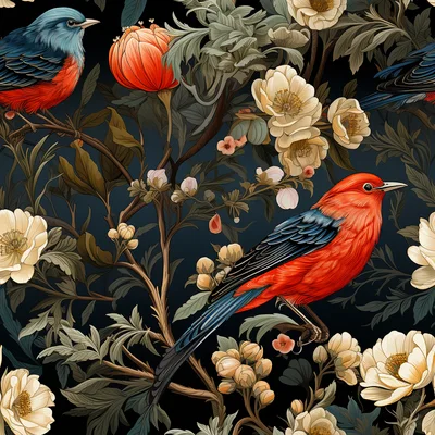 Seamless Pattern With Vibrant Birds And Floral Elements