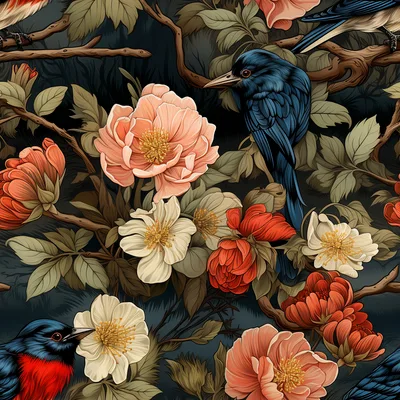 Seamless Pattern With Birds And Peonies