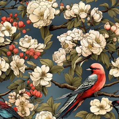 Seamless Pattern With Red Birds And White Flowers