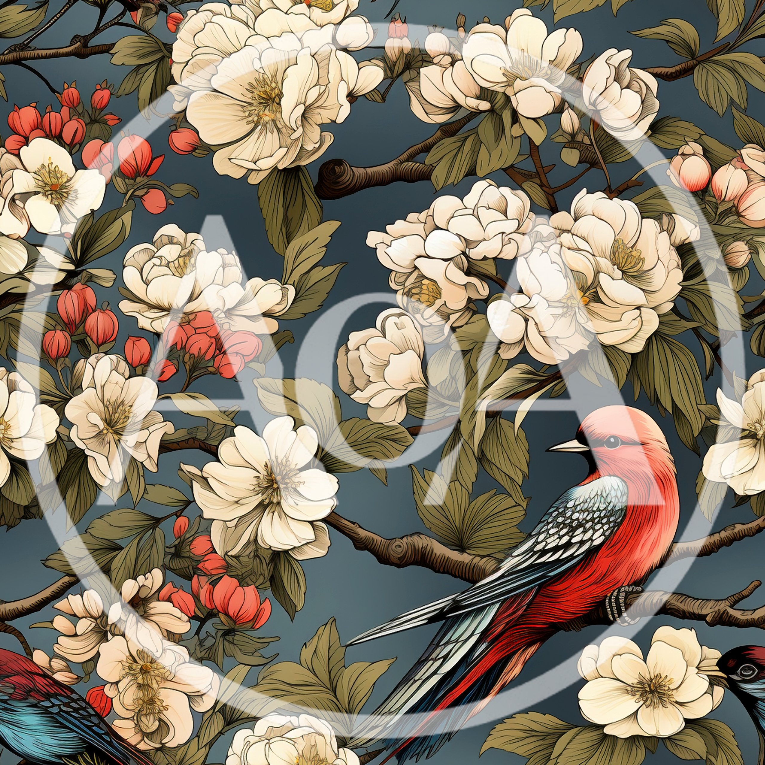 Seamless Pattern With Red Birds And White Flowers