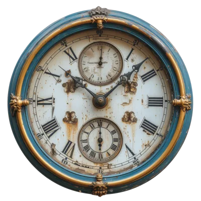 Antique Round Wall Clock With Ornate Blue Frame
