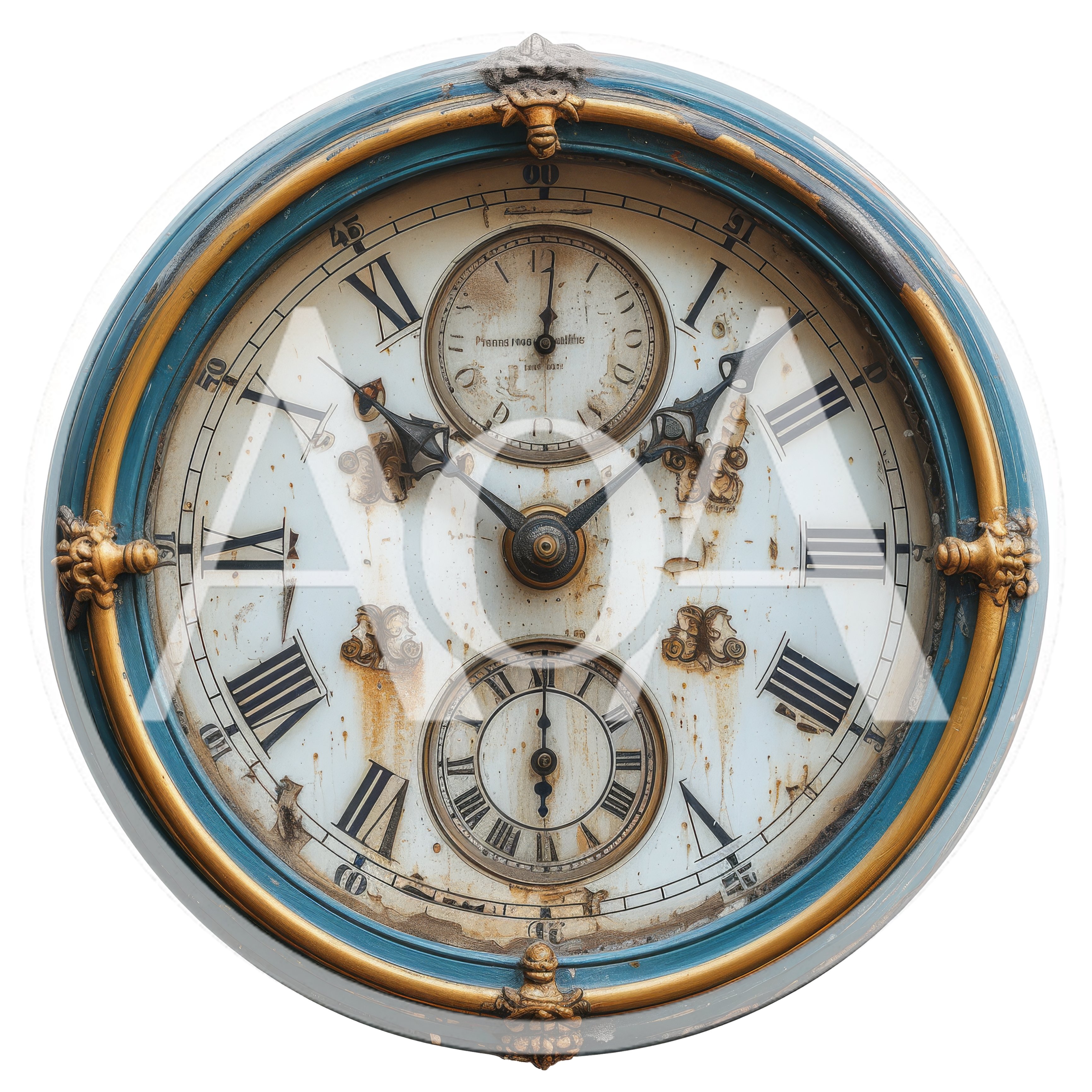 Antique Round Wall Clock With Ornate Blue Frame