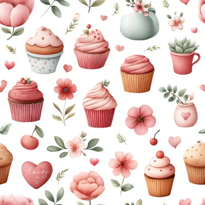 Seamless Pattern With Pink Cupcakes And Floral Elements