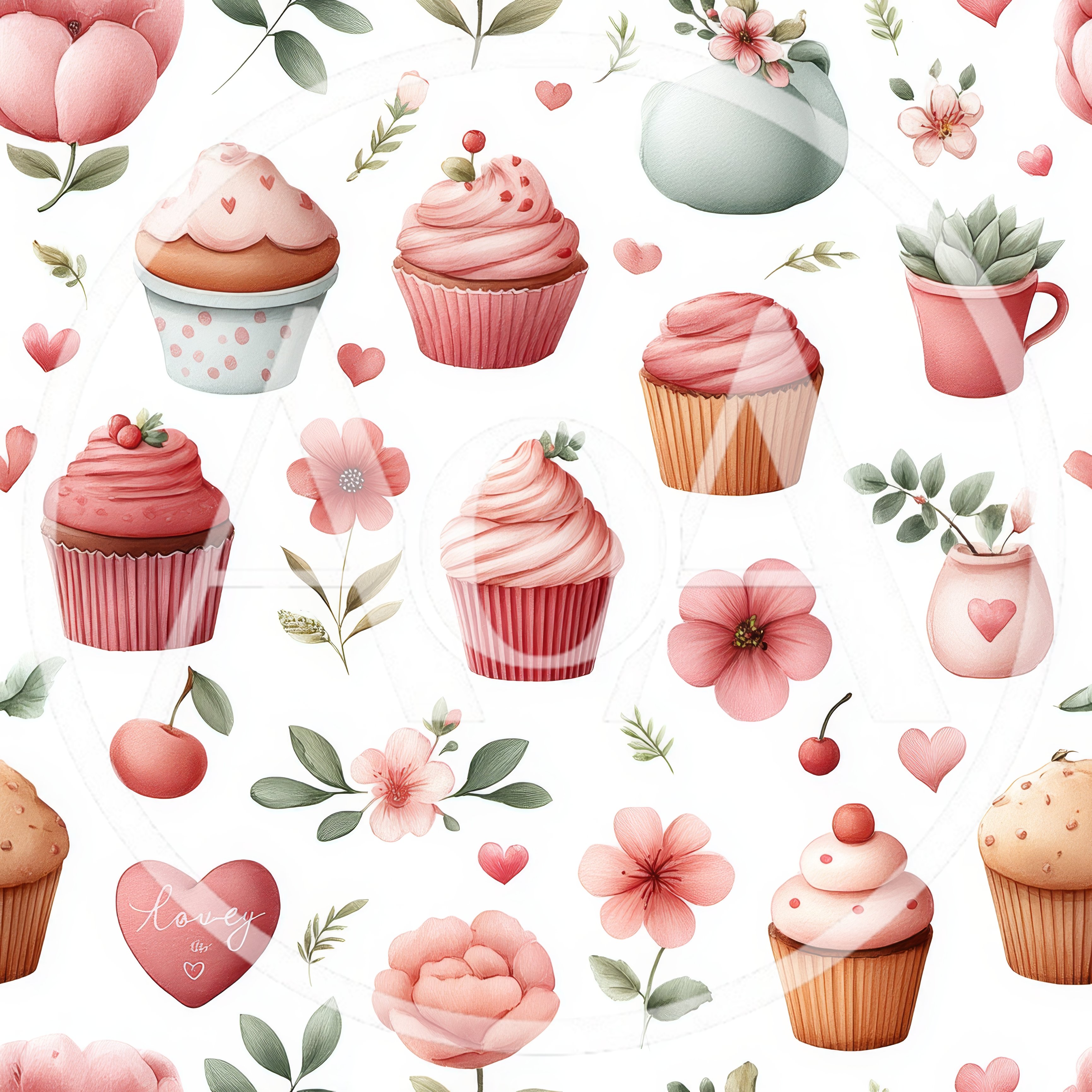 Seamless Pattern With Pink Cupcakes And Floral Elements