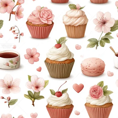 Seamless Pattern With Cupcakes And Cherry Blossom Flowers