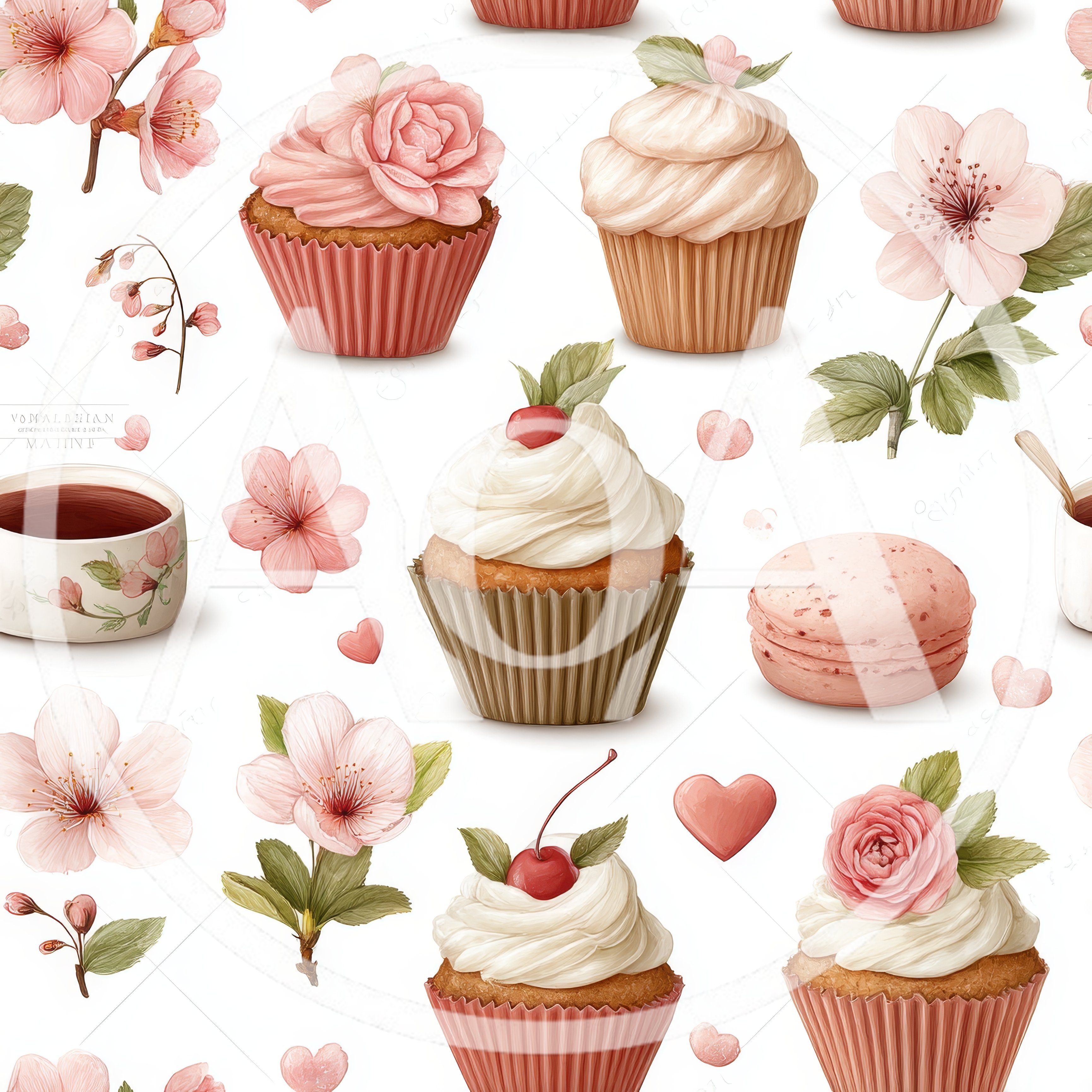 Seamless Pattern With Cupcakes And Cherry Blossom Flowers