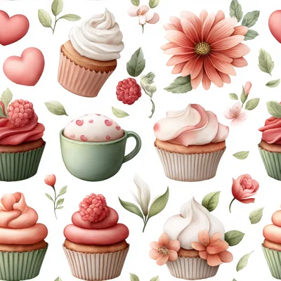 Seamless Pattern With Cupcakes And Floral Elements