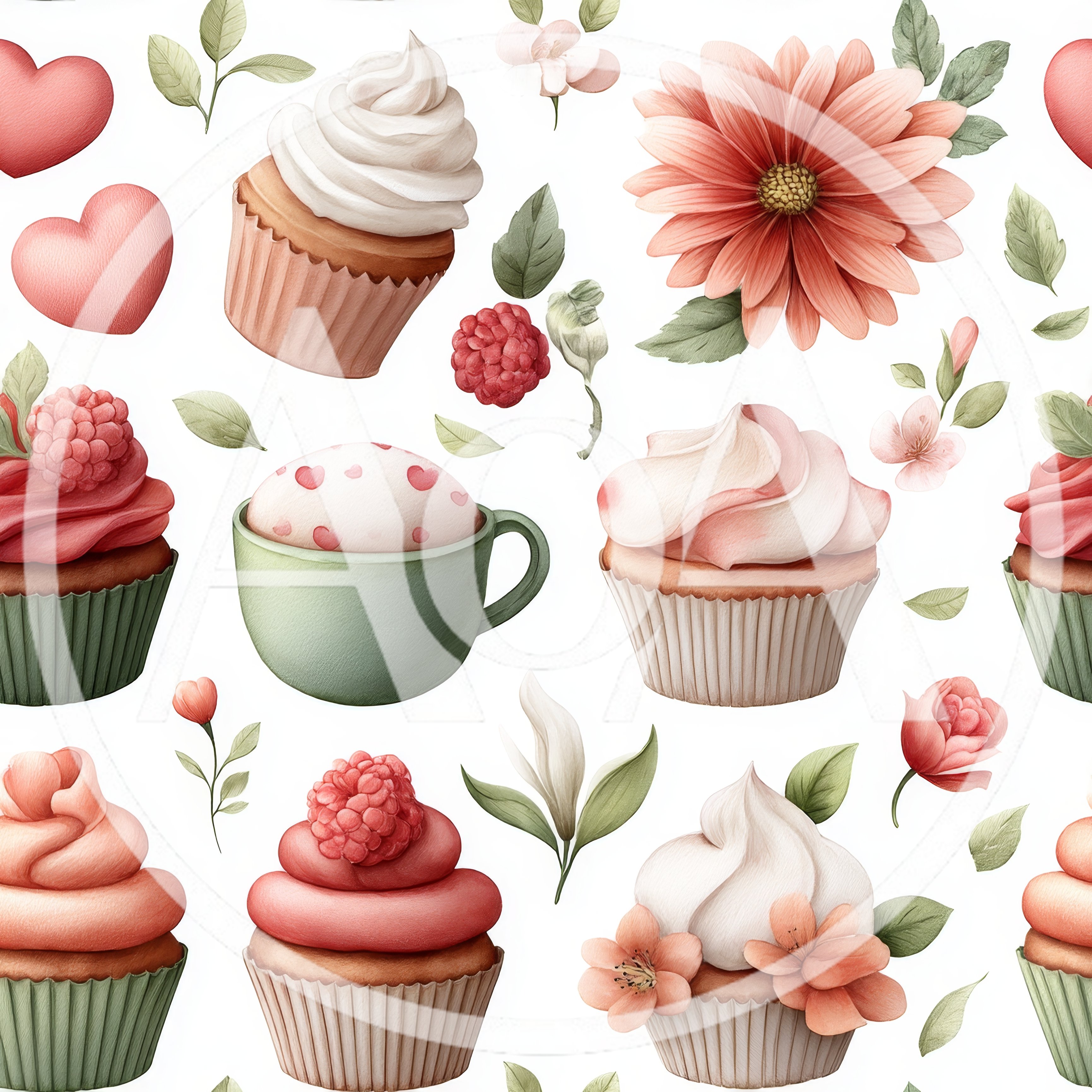 Seamless Pattern With Cupcakes And Floral Elements