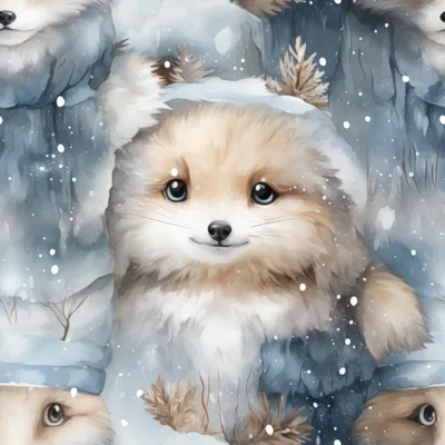Seamless Pattern of Cute Fluffy Arctic Fox Cubs