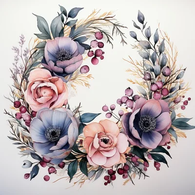 Watercolor Floral Wreath With Pink And Purple Flowers