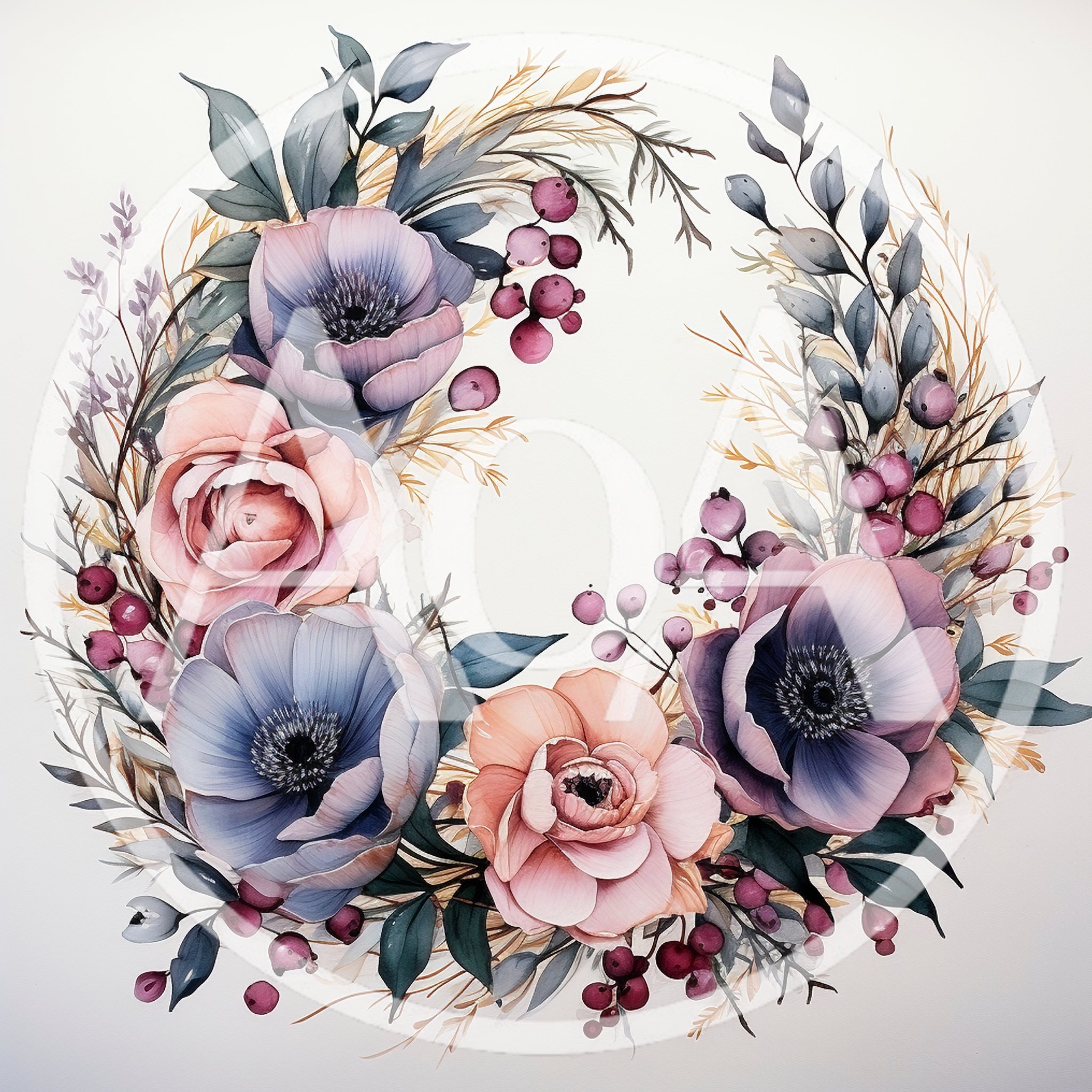 Watercolor Floral Wreath With Pink And Purple Flowers