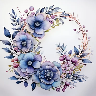 Watercolor Floral Wreath With Blue And Purple Flowers
