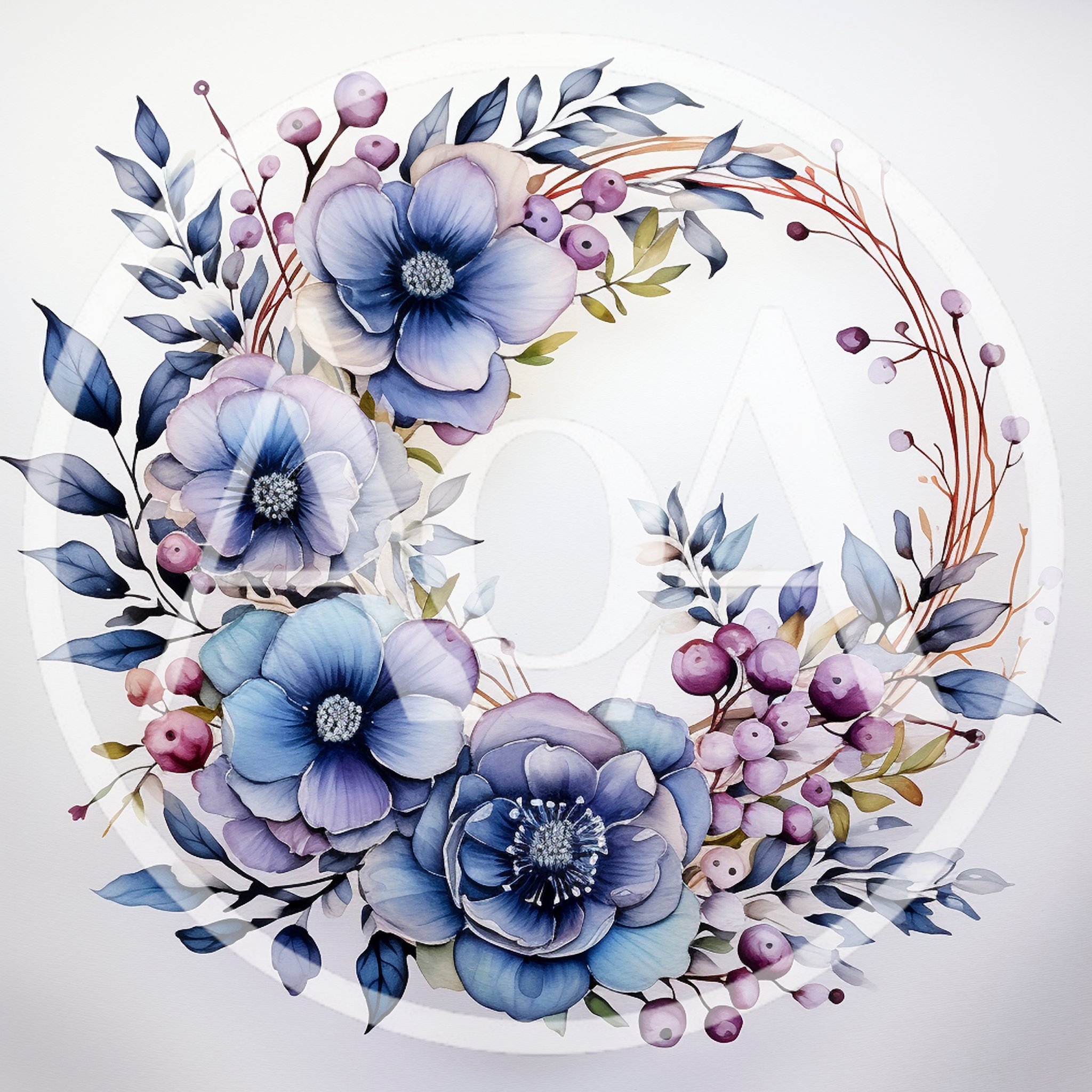 Watercolor Floral Wreath With Blue And Purple Flowers