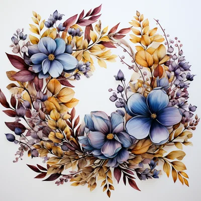 Watercolor Floral Wreath With Blue Flowers And Autumn Leaves