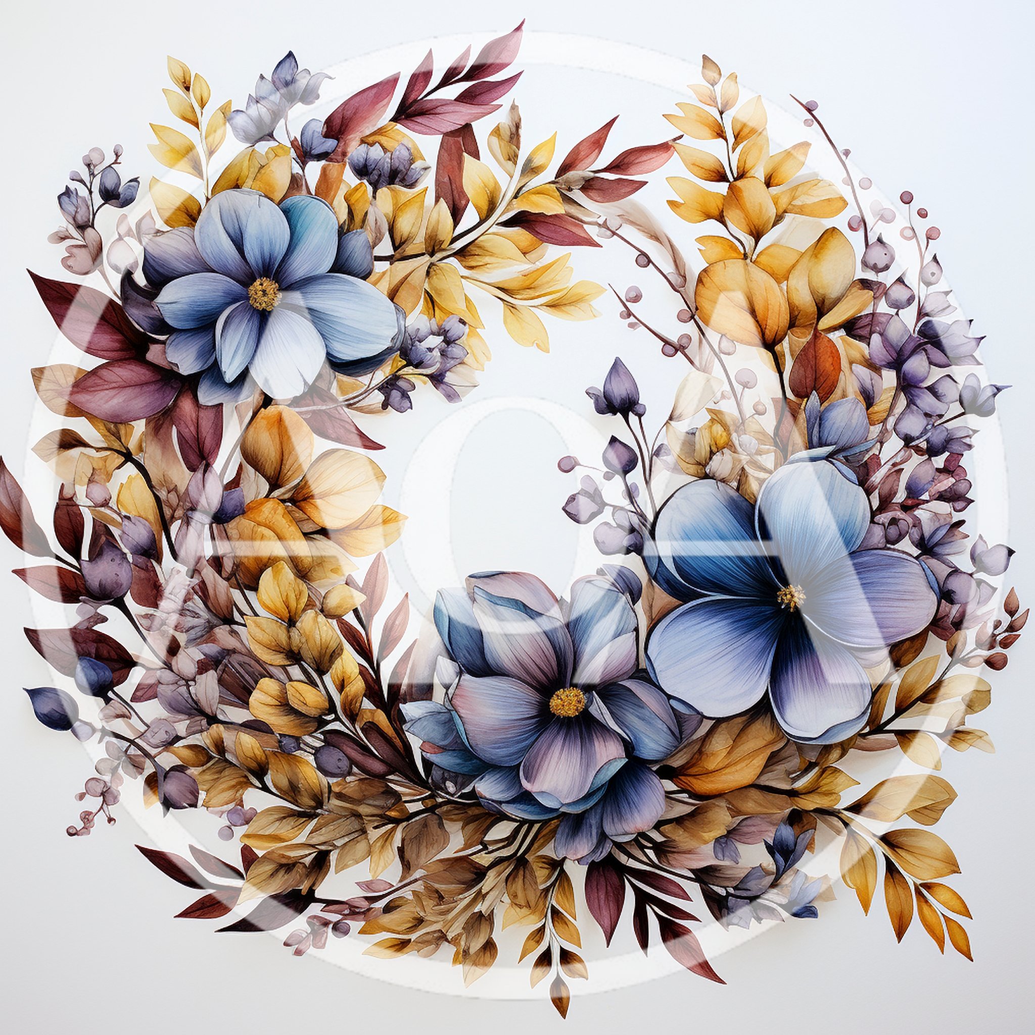 Watercolor Floral Wreath With Blue Flowers And Autumn Leaves