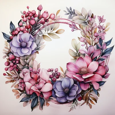 Watercolor Floral Wreath With Pink And Purple Flowers
