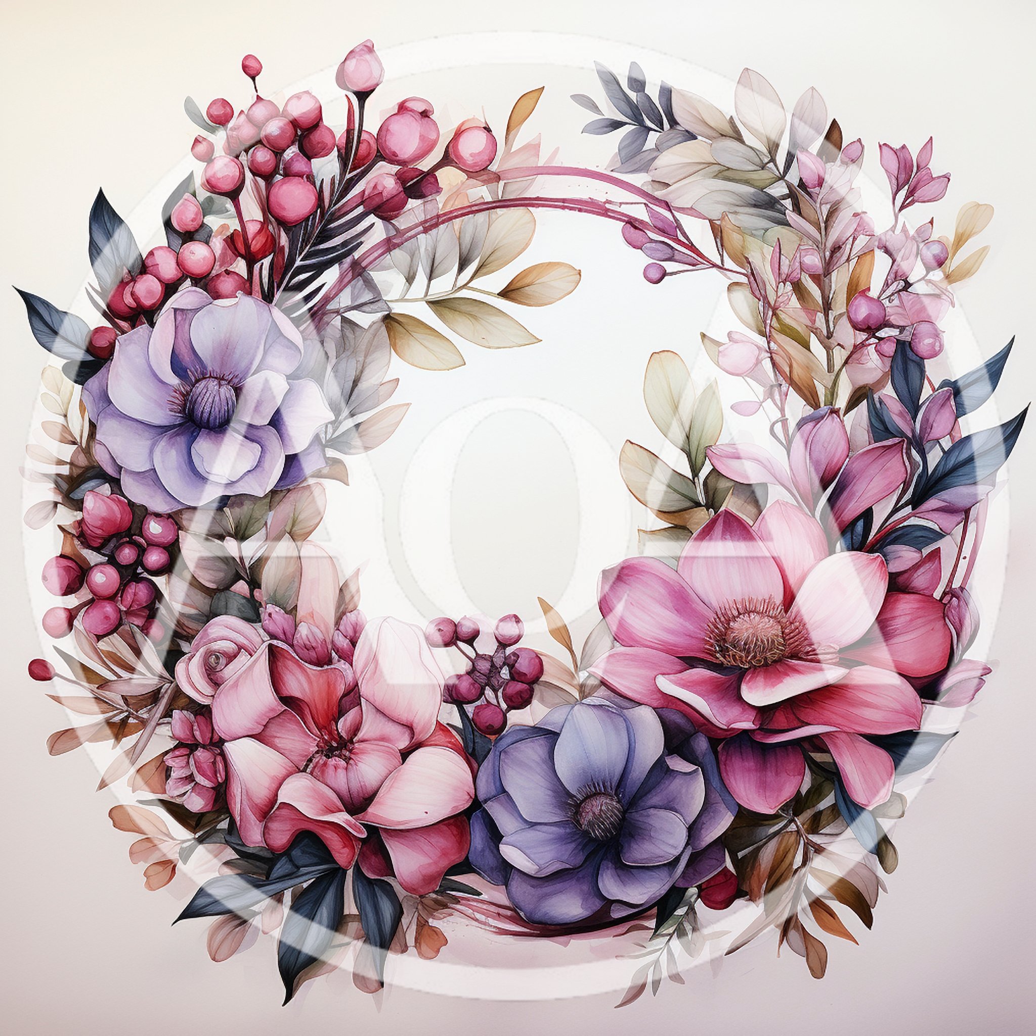 Watercolor Floral Wreath With Pink And Purple Flowers