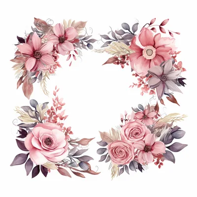 Watercolor Floral Frame With Pink Roses And Foliage