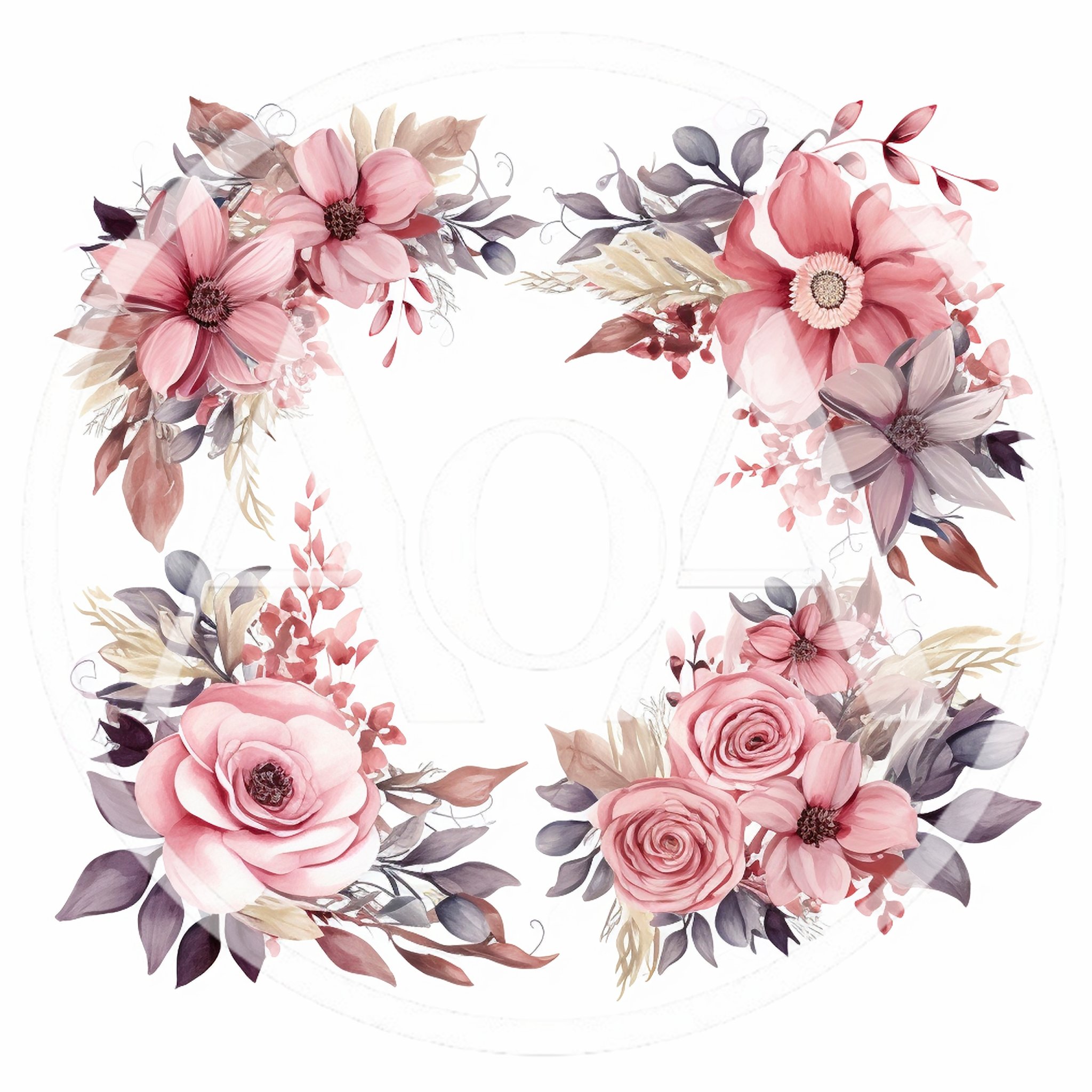 Watercolor Floral Frame With Pink Roses And Foliage