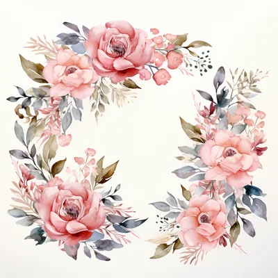 Watercolor Floral Wreath With Pink Peonies And Foliage