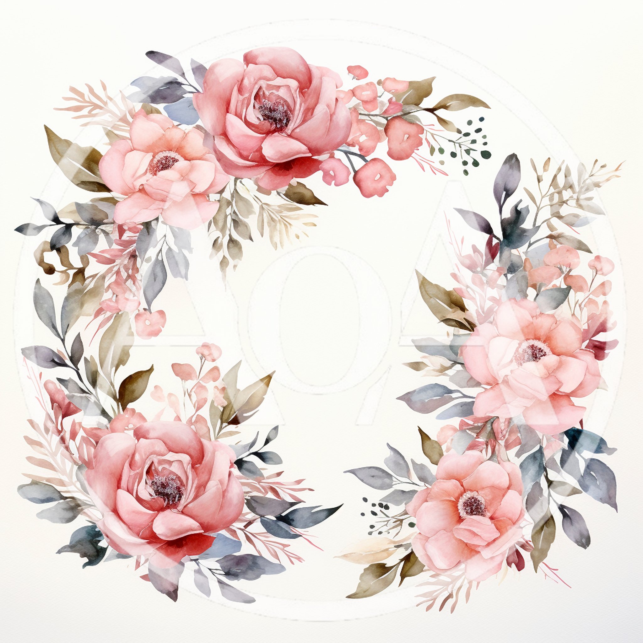 Watercolor Floral Wreath With Pink Peonies And Foliage