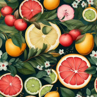 Seamless Pattern Of Fresh Citrus Fruits And Blossoms