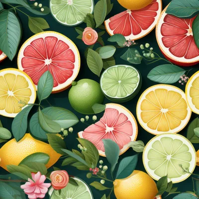 Seamless Pattern of Citrus Fruits and Leaves