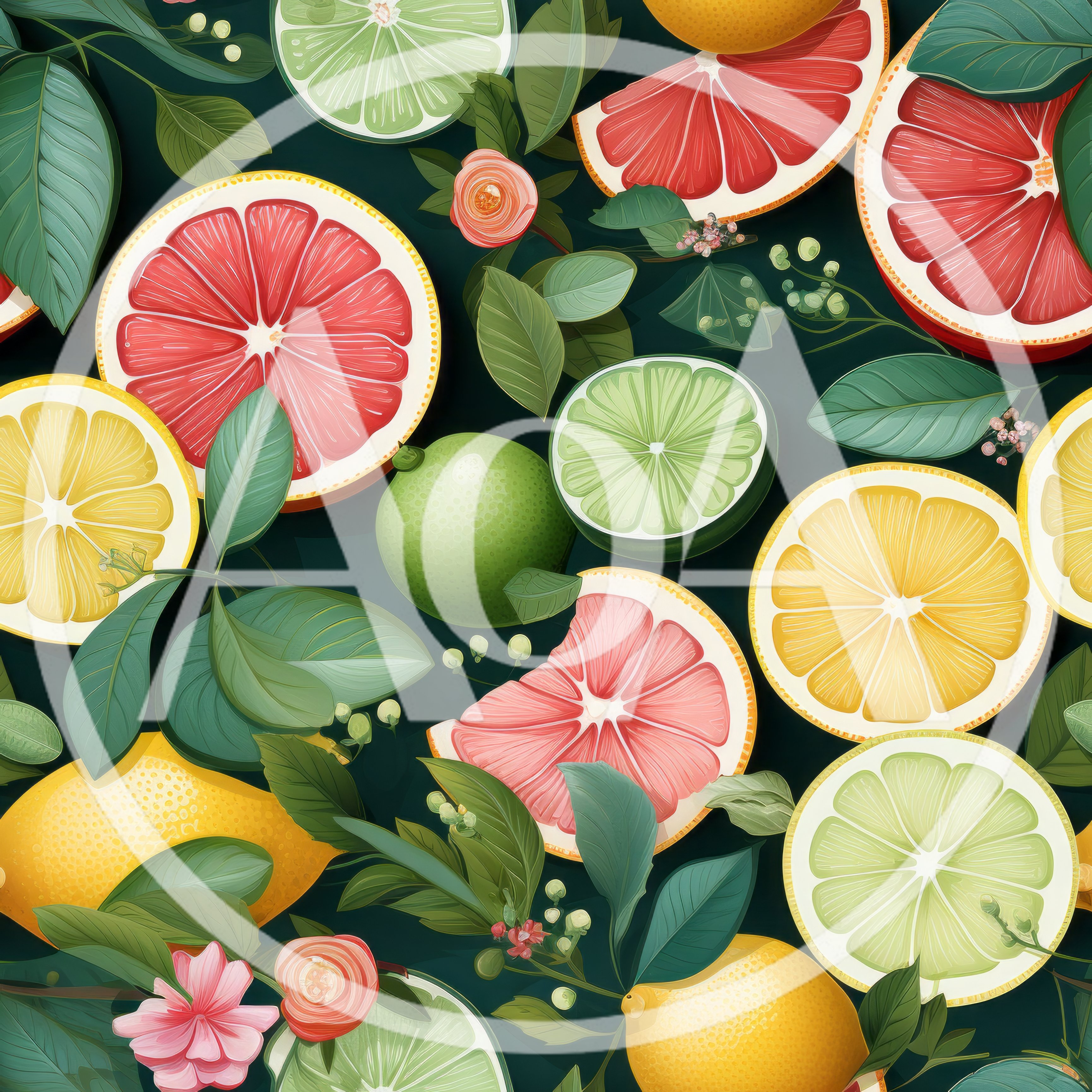 Seamless Pattern of Citrus Fruits and Leaves