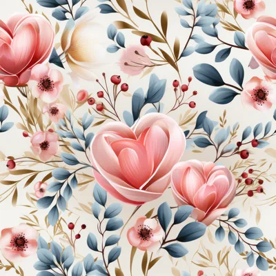 Seamless Floral Pattern With Heart Shaped Pink Roses