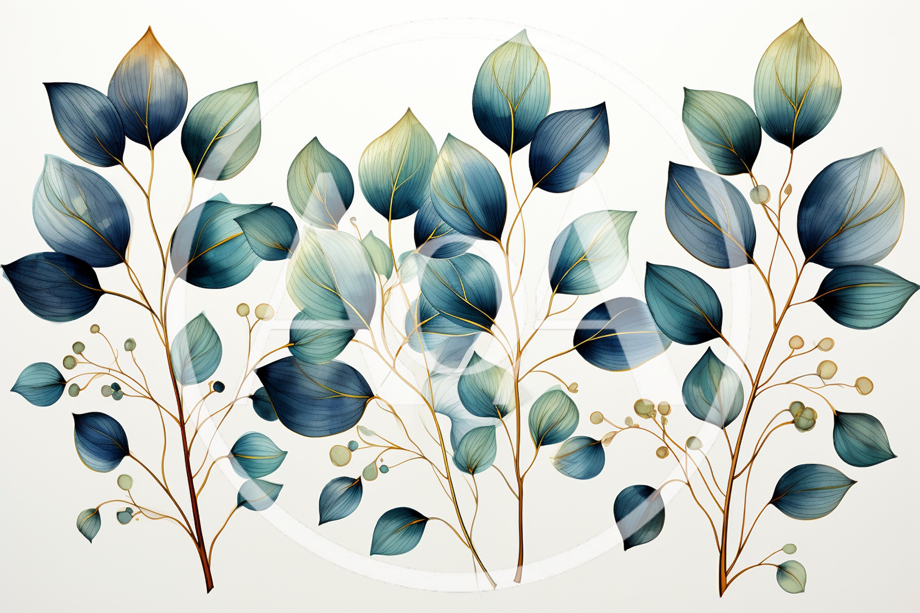 Watercolor Eucalyptus Branches With Gold Veins