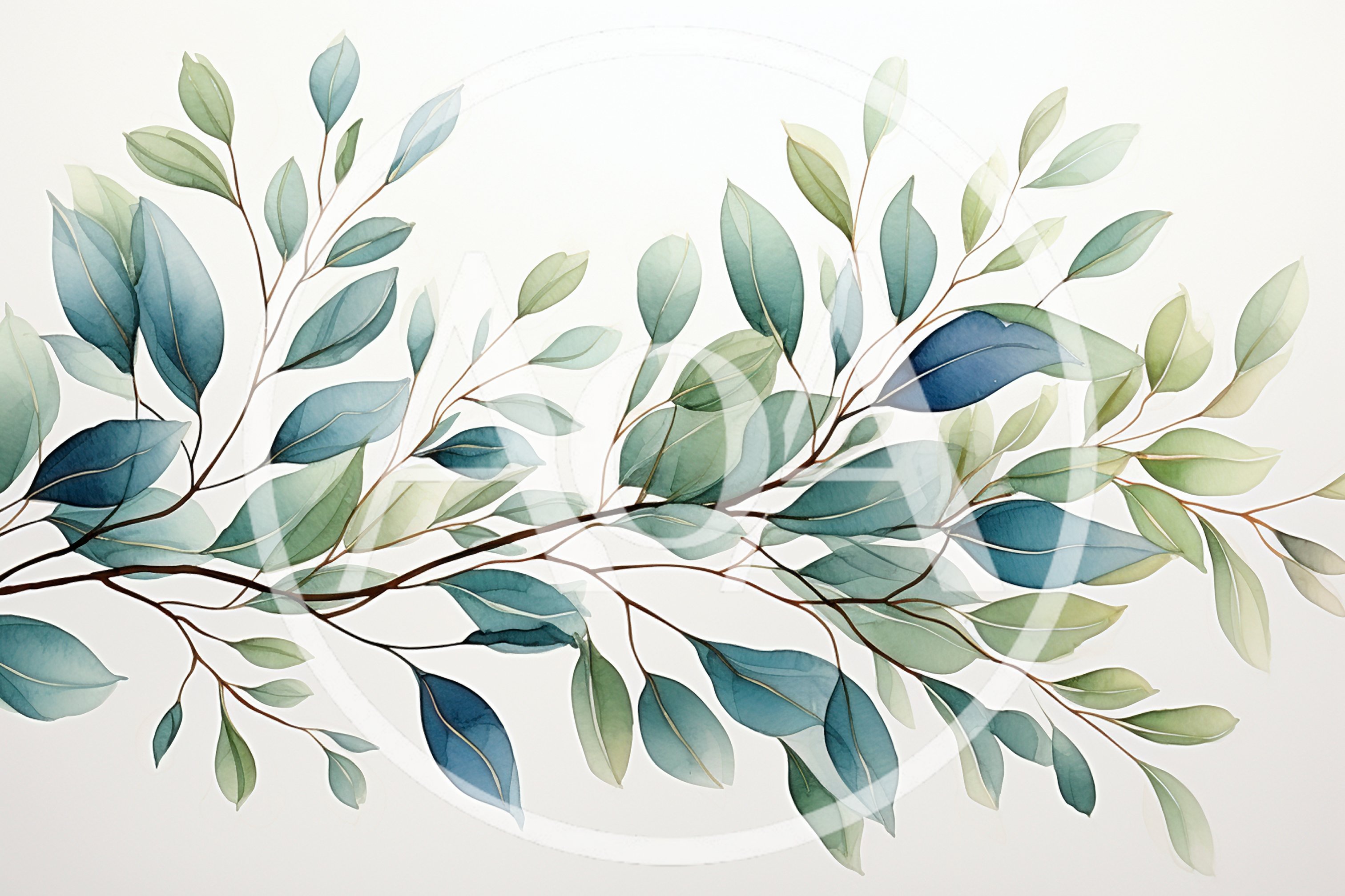 Watercolor Botanical Illustration Of Blue And Green Leaves
