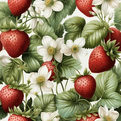 Seamless Pattern of Ripe Strawberries and White Flowers