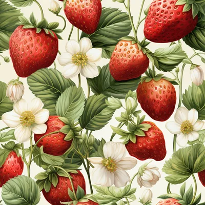 Seamless Pattern Of Fresh Strawberries And Blossoms