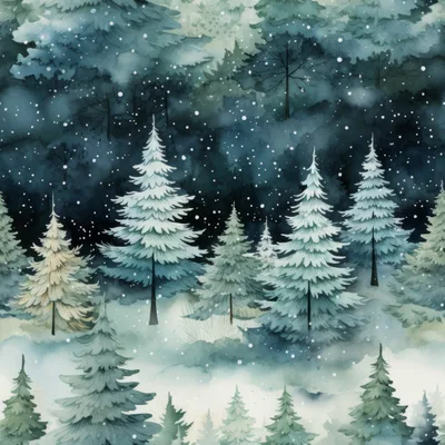 Watercolor Winter Forest With Snowing Pine Trees