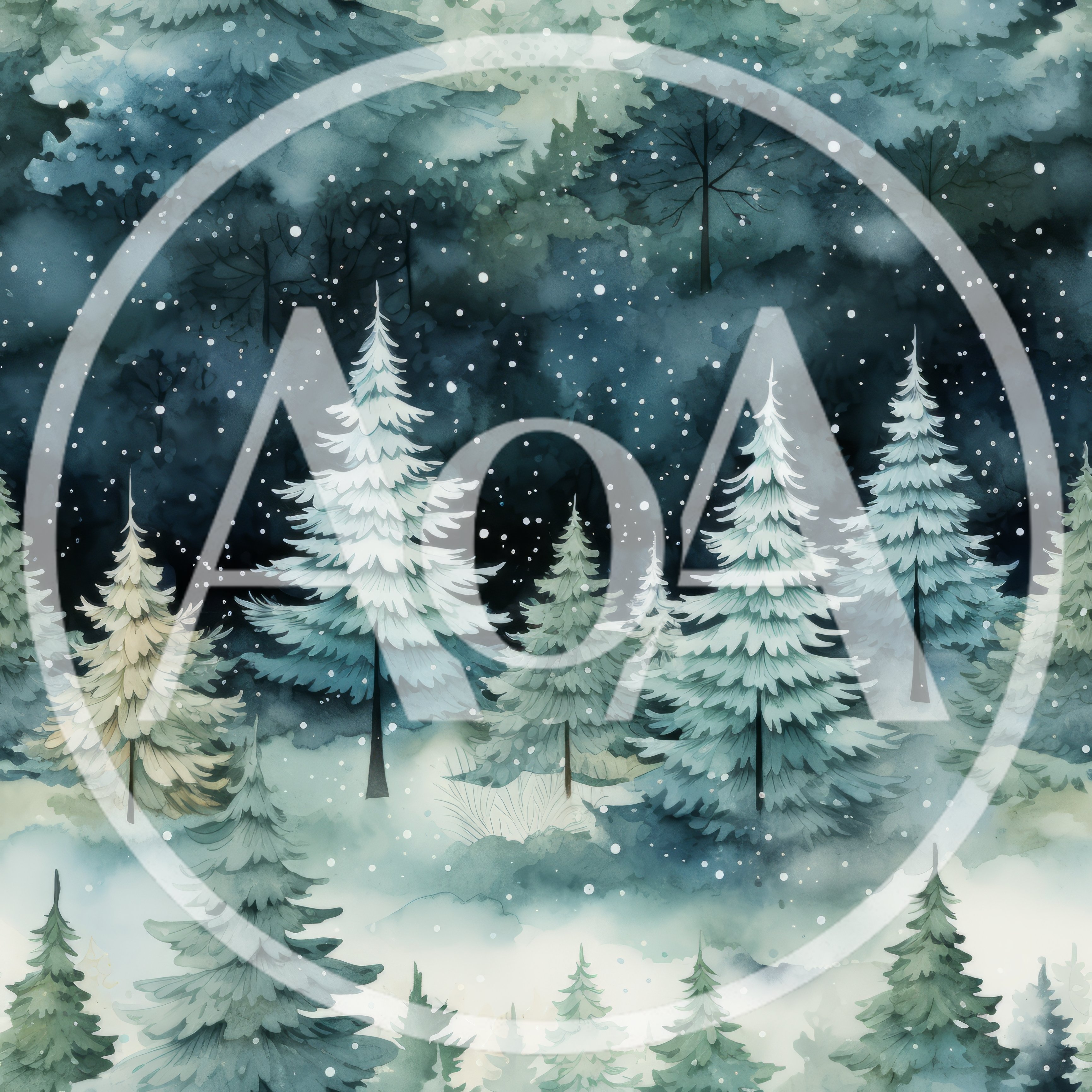 Watercolor Winter Forest With Snowing Pine Trees