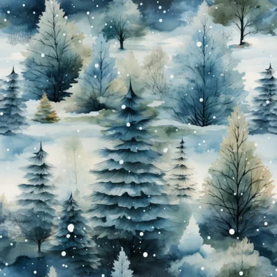 Seamless Watercolor Winter Forest Landscape With Falling Snow