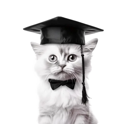 Fluffy White Kitten Wearing Graduation Cap and Bow Tie