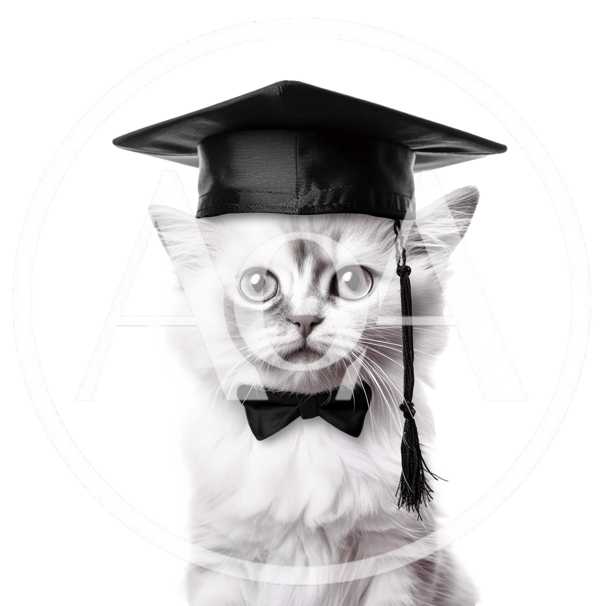Fluffy White Kitten Wearing Graduation Cap and Bow Tie