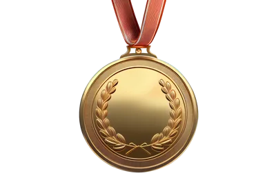 Golden Medal With Laurel Wreath On Red Ribbon