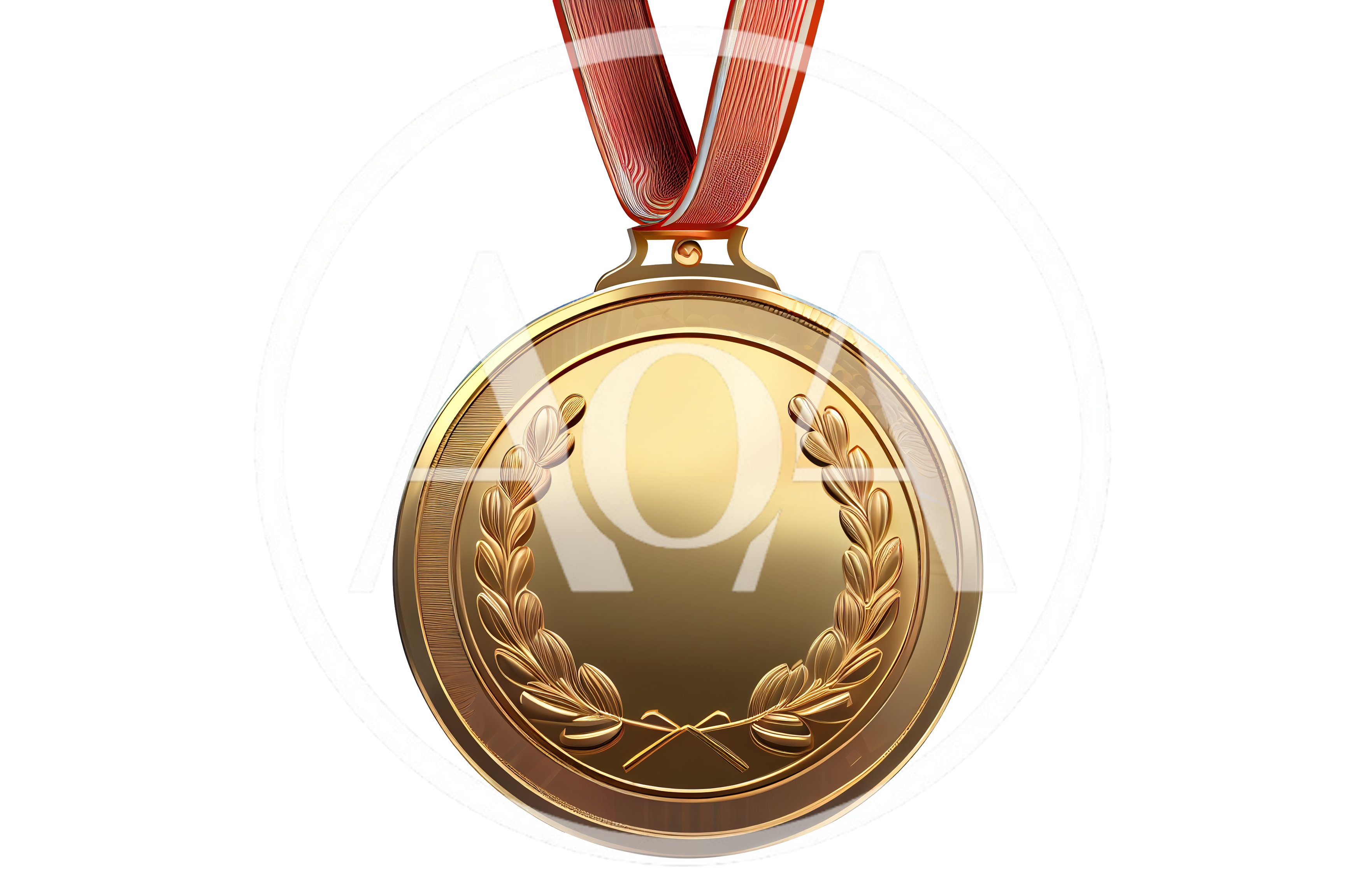 Golden Medal With Laurel Wreath On Red Ribbon