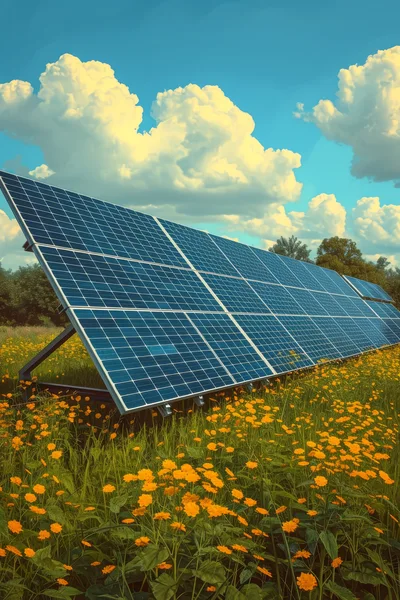 Solar Panel Array In A Field Of Yellow Flowers