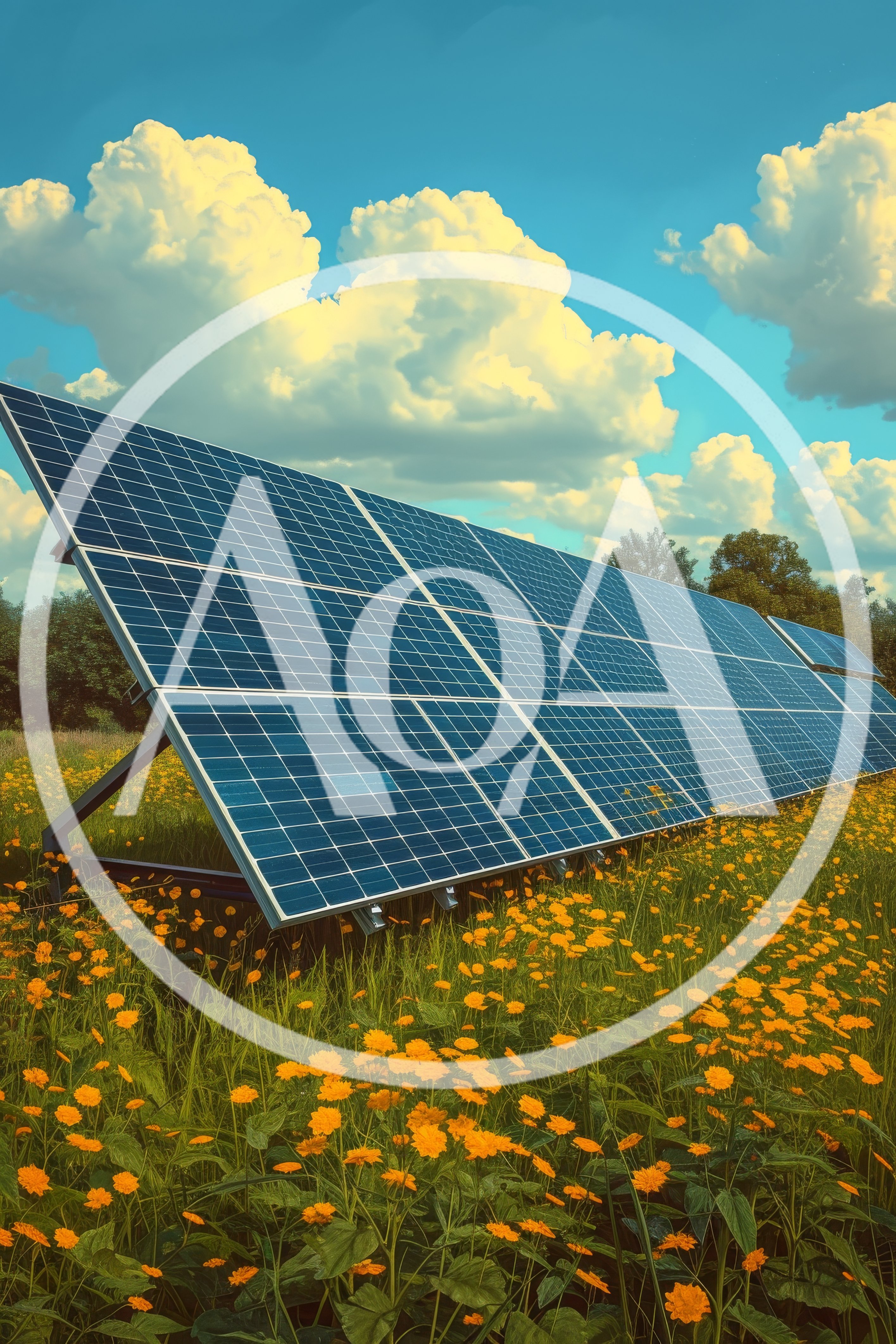 Solar Panel Array In A Field Of Yellow Flowers