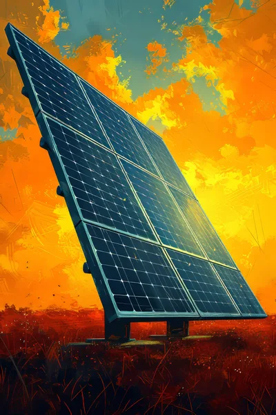 Solar Panel Array Against Vibrant Sunset Sky