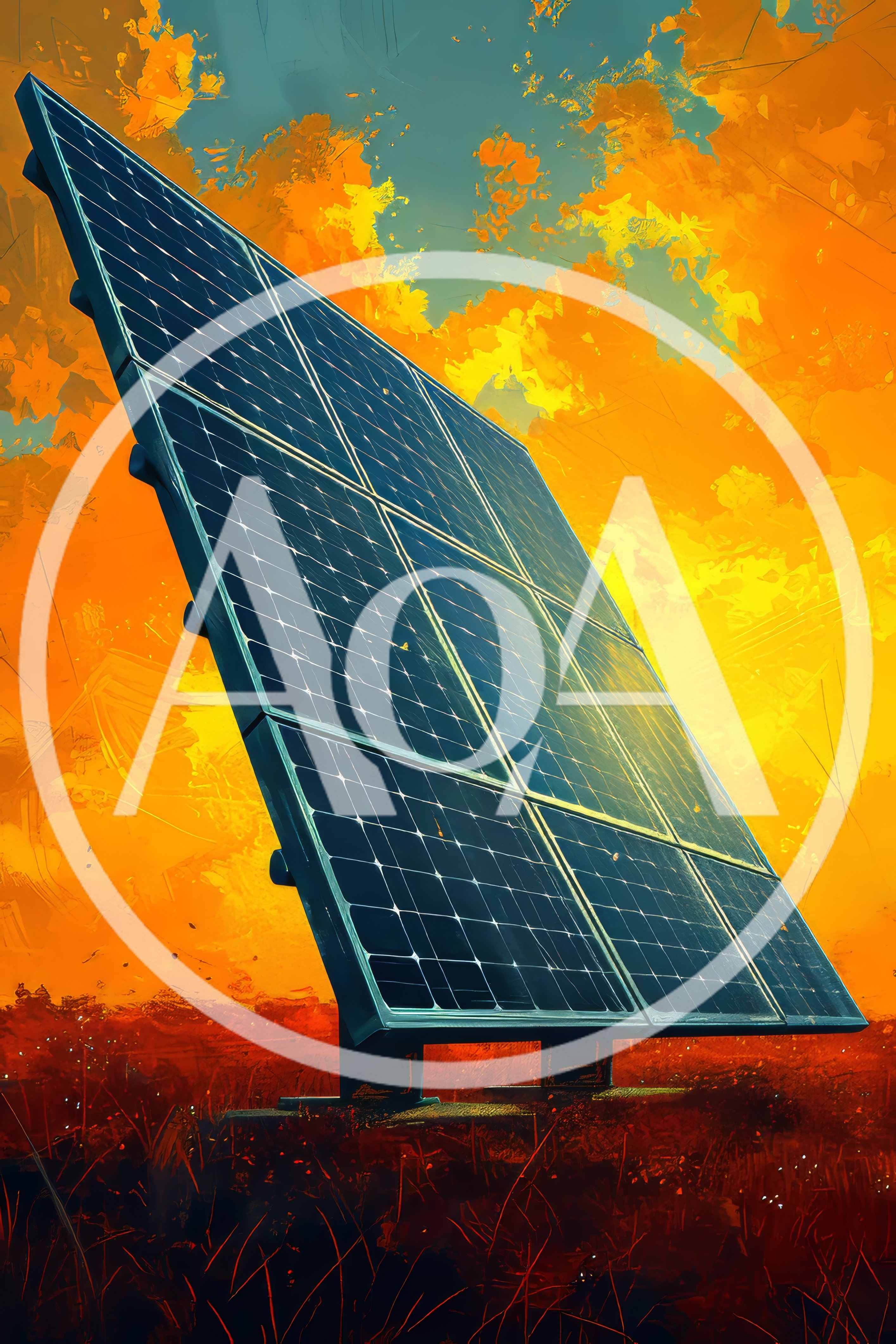 Solar Panel Array Against Vibrant Sunset Sky
