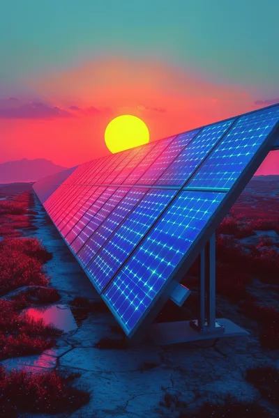 Solar Panel Array Under A Vibrant Sunset Sky