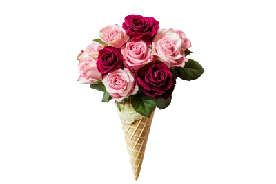 Bouquet Of Pink And Red Roses In Ice Cream Cone