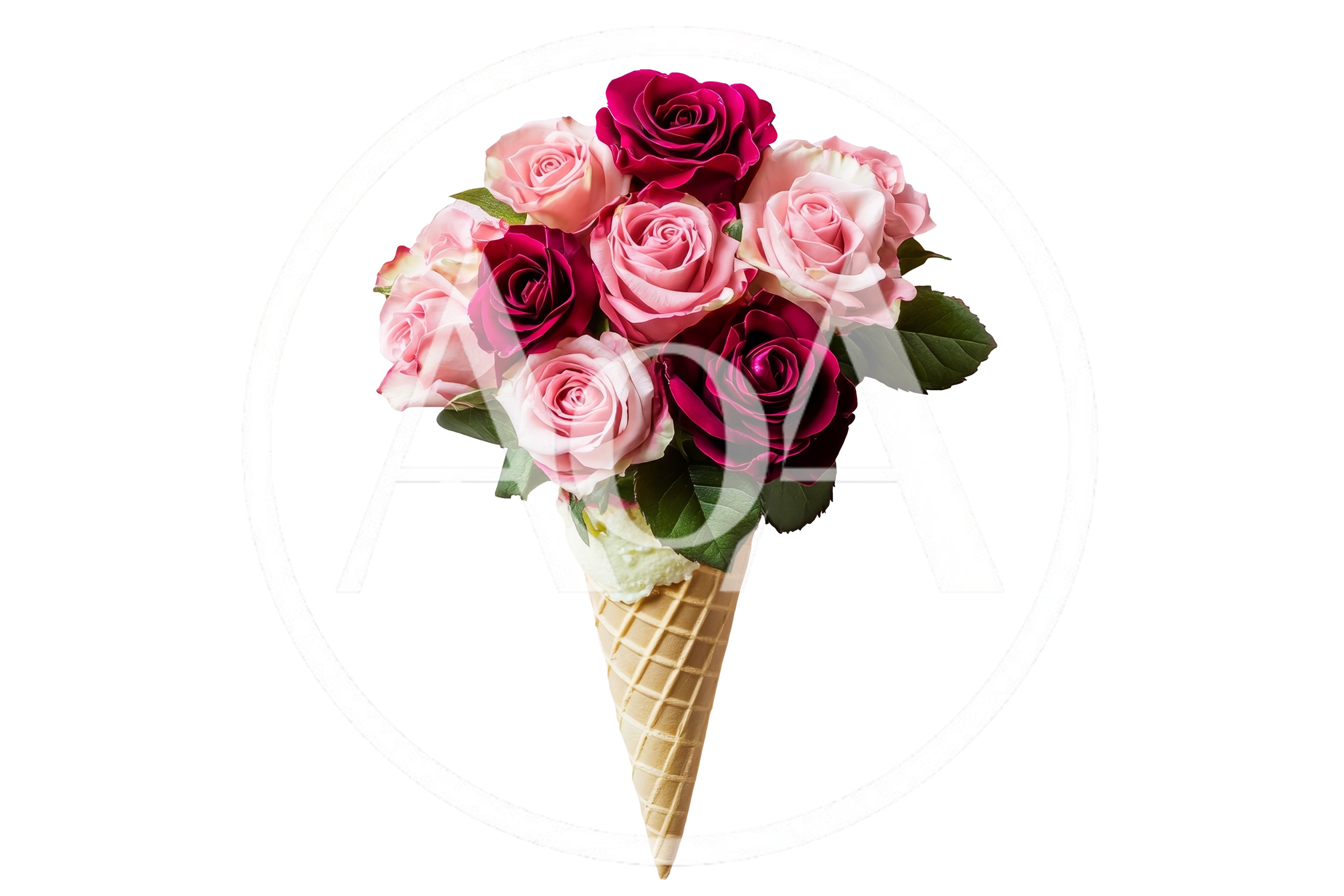 Bouquet Of Pink And Red Roses In Ice Cream Cone