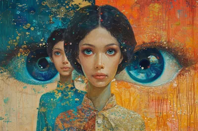 Surreal Portrait Of Two Women With Giant Blue Eyes