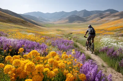 Mountain Biker Riding Through A Wildflower Meadow
