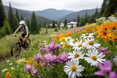 Mountain Biker Riding Through Wildflower Meadow